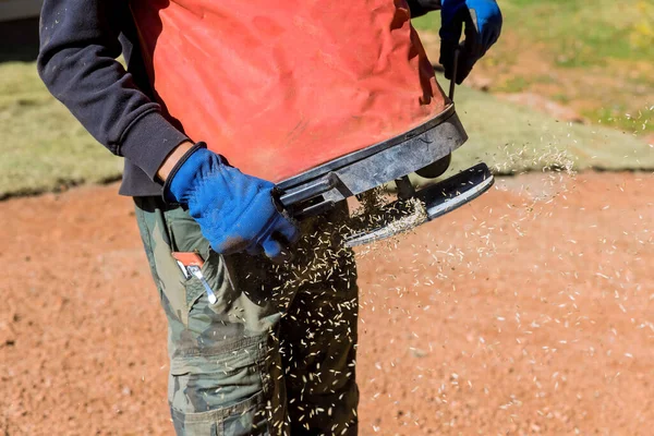 Ogrodnicy Pracują Nad Siewem Nasion Trawnika Pomocą Urządzeń Siewu — Zdjęcie stockowe