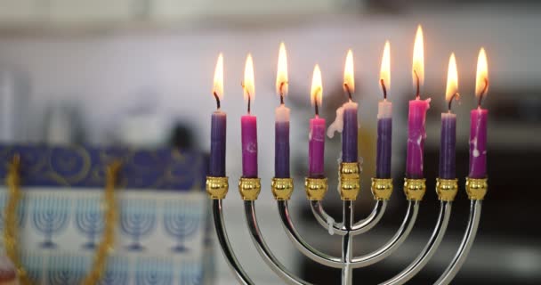 Φωτισμός Κερί Hanukkiah Menorah Είναι Εβραϊκή Παράδοση Που Έχει Ένα — Αρχείο Βίντεο