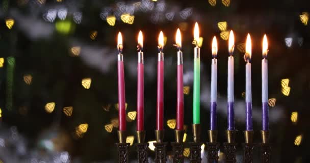 Celebración Hanukkah Basa Tradición Del Judaísmo Encender Velas Hanukkiah Menorah — Vídeos de Stock