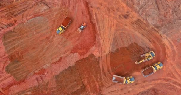 Necessary Object Prepared Excavator Loading Earth Dump Trucks Moving Soil — Stock Video
