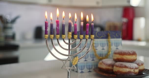 Judaism Tradition Family Religious Holiday Symbols Lighting Hanukkiah Menorah Candles — Stock Video