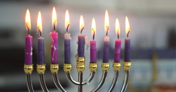 祝いHanukkaユダヤ教の伝統家族の宗教的な休日のシンボルHanukkiah Menorahのキャンドルを点灯 — ストック動画
