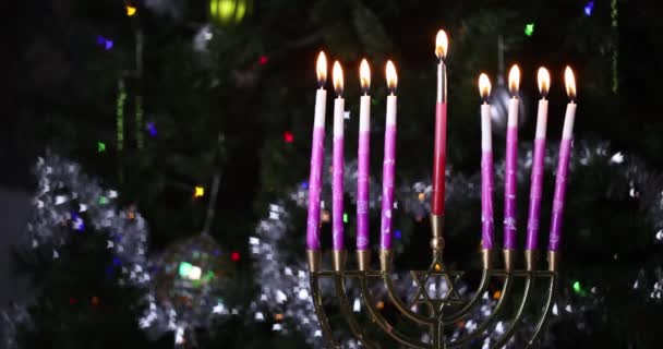 Celebration Hanukkah Jewish Holiday Lights Hanukkiah Menorah Candles Lit Symbols — Stock Video
