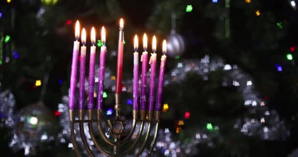 Chanuka Oslavy Židovství Vánoční Symboly Zapalování Svíček Chanukkiah Menorah — Stock video