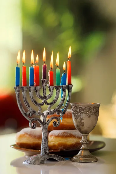 Osvětlení Hanukkiah Menorah Svíčka Židovská Tradice Která Byla Důležitou Součástí — Stock fotografie