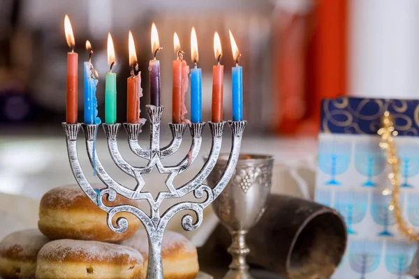 Hanukkah Celebration Judaism Tradition Family Religious Holiday Symbols Lighting Hanukkiah — Stock Photo, Image