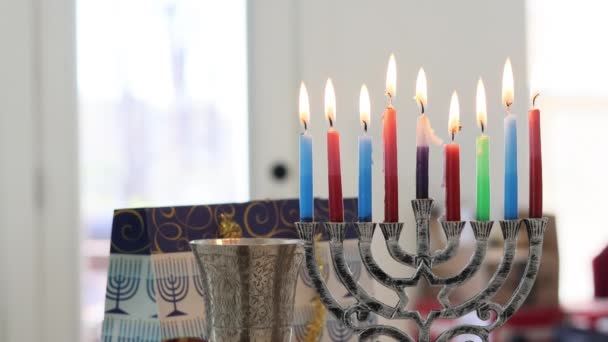 Yahudi Bayramı Hanuka Sembolleri Hanukkiah Menorası — Stok video