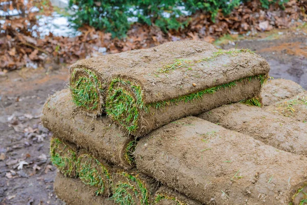 Construction Site Unload Green Grass Turf Rolls Pallets Landscaping Purposes — Stock Photo, Image