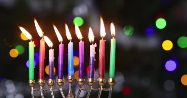 Hanukkah Celebração Judaísmo Tradição Feriado Símbolos Iluminação Hanukkiah Menorah Velas — Vídeo de Stock