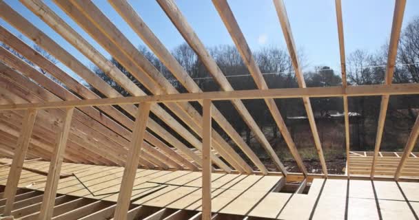 Installation Wooden Roof Beams Already Built Stick New Home Framework — Stock Video