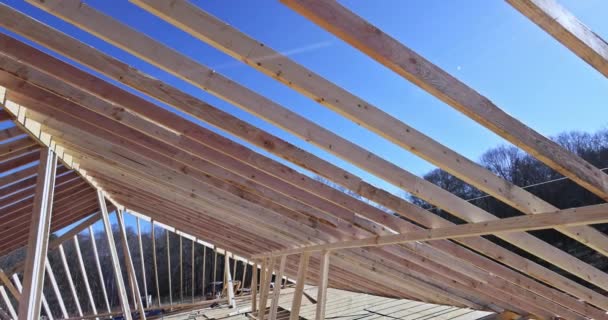 Roofing Works Installing Roof Trusses Beams New House Assembling Wooden — Stock Video
