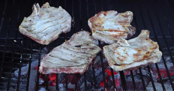 Barbecue Delicious Juicy Pork Steaks Flame Smoke While Grilling Them — Vídeo de Stock