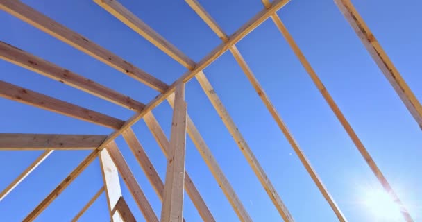 Frame Structure Constructed Assembling Interior Beams Wood Boards Roof Trusses — Stock Video