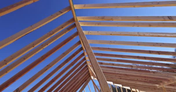 Framed Structure Construction Interior Beams Wood Board Assembled Roof Supports — Videoclip de stoc
