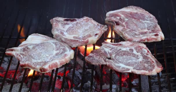 Flame Smoke Used Cook Delicious Juicy Meat Pork Steaks Barbecue — Vídeos de Stock