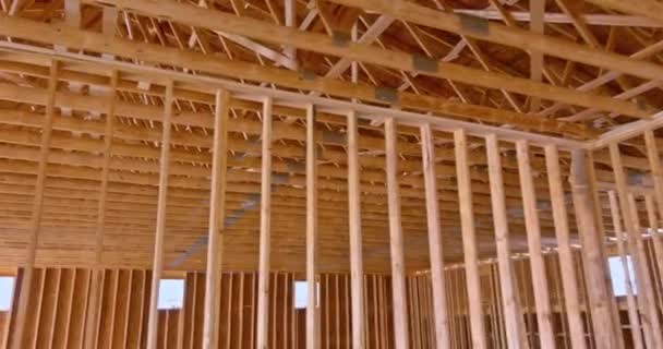 Newly House Construction Interior Framing Already Complete Truss Beams Frame — Stockvideo