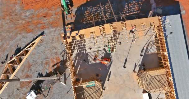 Construction Framework Rafters Being Installed Unfinished Wooden House Using Crane — Vídeo de Stock