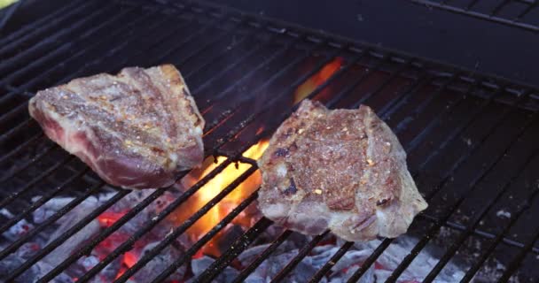 在浓烟的熏烤下 烤着美味多汁的肉牛排 — 图库视频影像