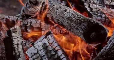 Flames of big bonfire are burning out log embers that are burning on wood