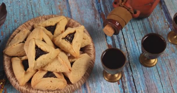 Εβραϊκό Καρναβάλι Παραδοσιακά Hamantaschen Μπισκότα Hamantaschen Διακοσμήσεις Για Γιορτάσουν Purim — Αρχείο Βίντεο
