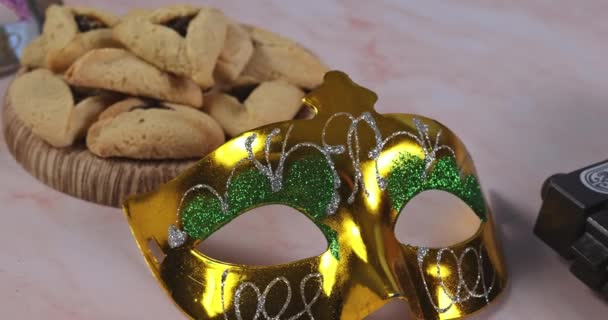 Purim Αξεσουάρ Μεταμφίεση Είναι Παραδοσιακή Εβραϊκή Καρναβάλι Τροφίμων Cookies Που — Αρχείο Βίντεο