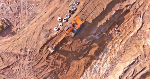 Excavator Digging Trench Sewer Pipes Laid Underground Construction Site Part — Vídeo de stock