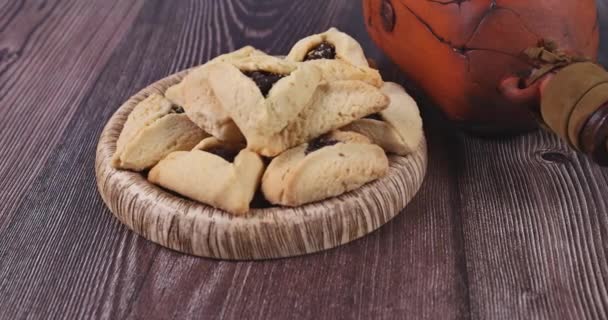 Γιορτή Πουρίμ Εβραϊκή Γιορτή Θρησκευτική Cookies Shofar Tallit Καρναβάλι Μάσκα — Αρχείο Βίντεο