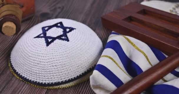 Festival Purim Feriado Judaico Religioso Com Biscoitos Shofar Tallits Hamantaschen — Vídeo de Stock