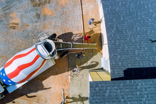 Concrete Being Poured Out Concrete Mixing Truck New House Pavement — Stock Photo, Image