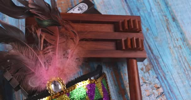 Jewish Holiday Purim Cookies Tallit Carnival Masks Noisemaker Hamantaschen Celebration — Stok video