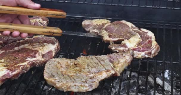 Juicy Beef Steak Grilled Fire Coals Iron Grill Resulting Smokey — Vídeo de Stock