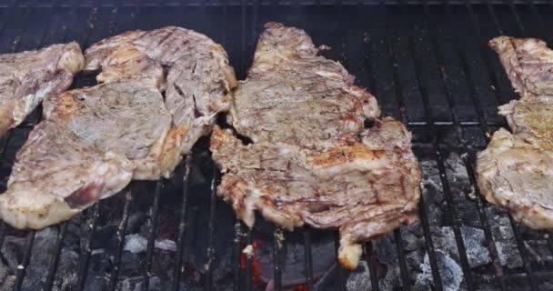 烤肉的时候 烤肉的铁炉冒着浓烟 烤着多汁的牛肉 在煤上冒着浓烟油炸 — 图库视频影像