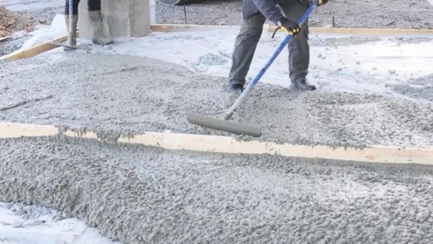 Employee Construction Company Leveled Wet Concrete Sidewalk Use Long Trowels — Video
