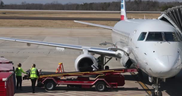 2023年3月5日アシュビルNc Usaノースカロライナ州のアシュビル地域空港での航空機整備の過程で 荷物は航空機から荷降ろしされます — ストック動画