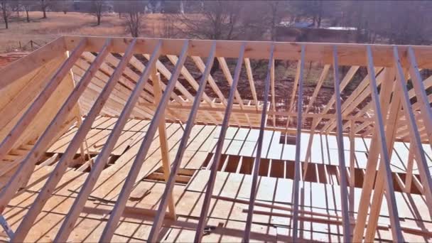 Building Beam Stick Home Trusses Wooden Framework Carried Out Construction — Stockvideo