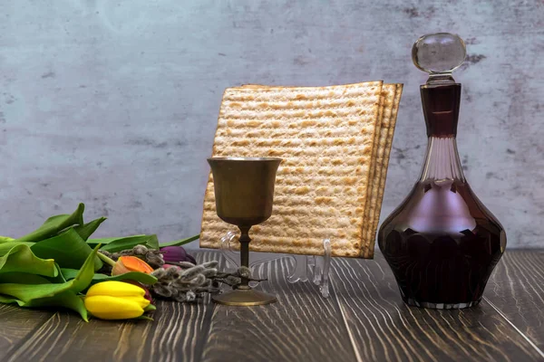 Passover Unleavened Matzah Bread Kiddush Wine Kosher Pesach Day Celebration — Stock Photo, Image