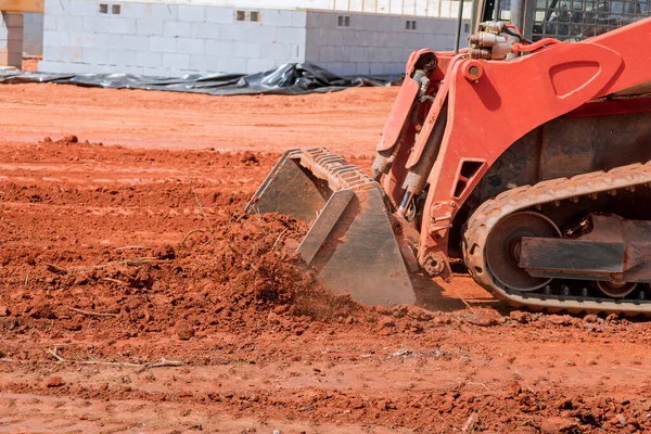 Sitio Construcción Tractor Excavadora Primicia Mueve Alinea Tierra — Foto de Stock