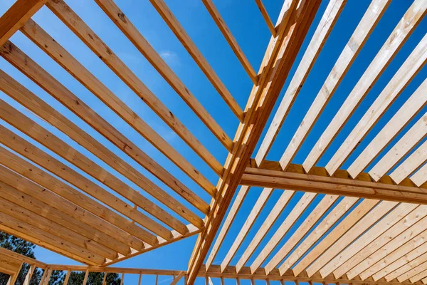 Newly Built Wooden House Framing Beams Support Layout Joists Stock Picture