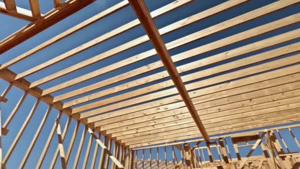 Wooden Framework Carried Construction Beam Stick Home Layout Joists Trusses — Stock Video