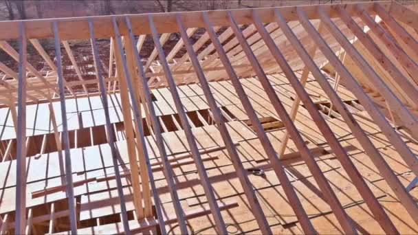 Wooden Roof Framework Trusses Constructed Part Construction New Beam Stick — Stock video