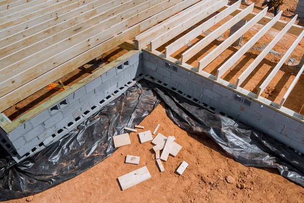 stock image New constructed flooring joists layout for wooden deck patio at new custom home