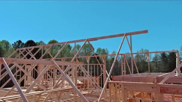 Progress Construction Timber Truss Framed Building Rafters Roof Beams Wooden — Stock Video
