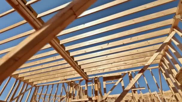 Enclosing Beam Supports Framework Layout Joists Newly Constructed Wooden Structure — Stock Video