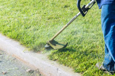 Belediye işçisi çim biçme makinesi. Yol kenarında çim biçme makinesiyle taze yeşil çim biçiyor.