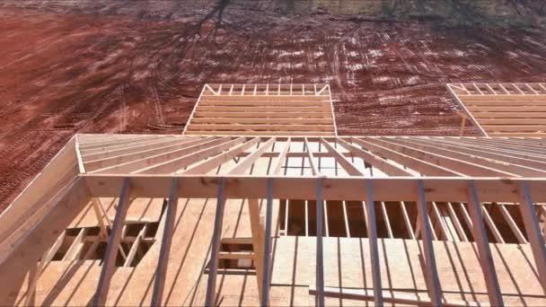Construction New Beam Stick Home Wooden Roof Framework Trusses Constructed — Stock video