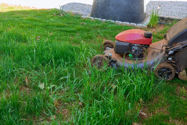 Memotong Rumput Hijau Halaman Belakang Dengan Mesin Pemotong Rumput Dekat — Stok Foto