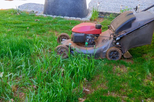 Wanita Itu Memotong Rumput Hijau Halaman Belakang Dengan Mesin Pemotong — Stok Foto