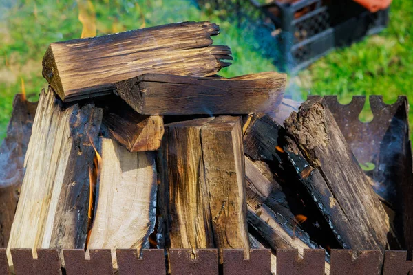 Bbq Grill Gibt Kleine Klappbare Tragbare Kohlenbecken Mit Brennendem Holz — Stockfoto