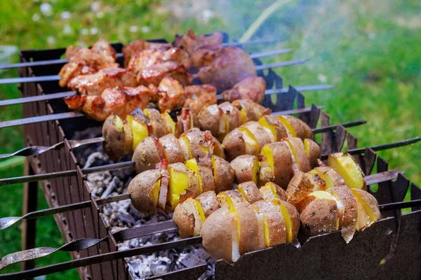 Serie Frigărui Kebabs Cartofi Slănină Sunt Gătite Braziere Metalice Portabile — Fotografie, imagine de stoc