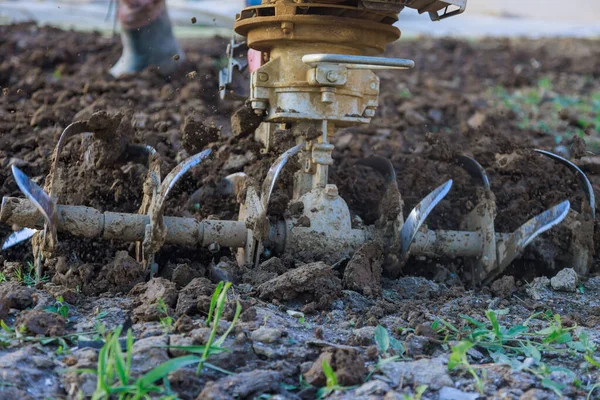 Petani Membajak Tanah Dengan Balok Kemudi Sambil Menggunakan Motor Kultivator — Stok Foto